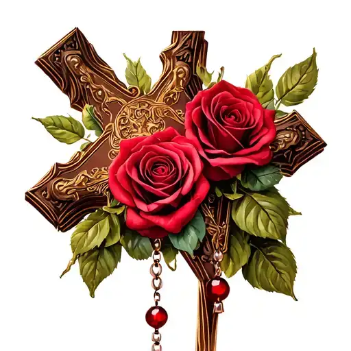 cross and roses and rosary beads tattoo design idea