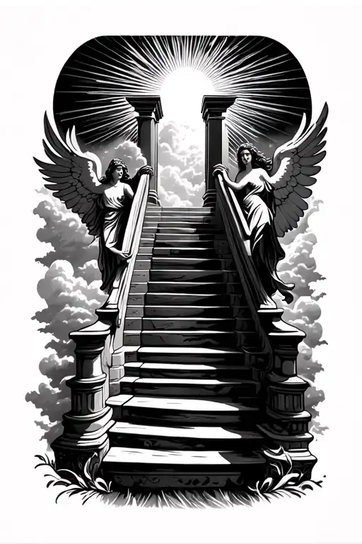 stairway to heaven walking up stairs angels sun rays clouds heaven gate at the top of the stairs  tattoo design idea