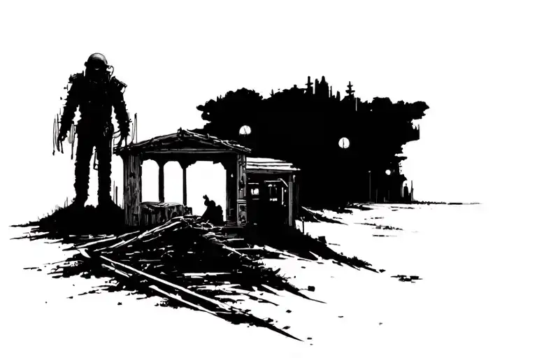 post apocalyptic horror town with traveler tattoo design idea