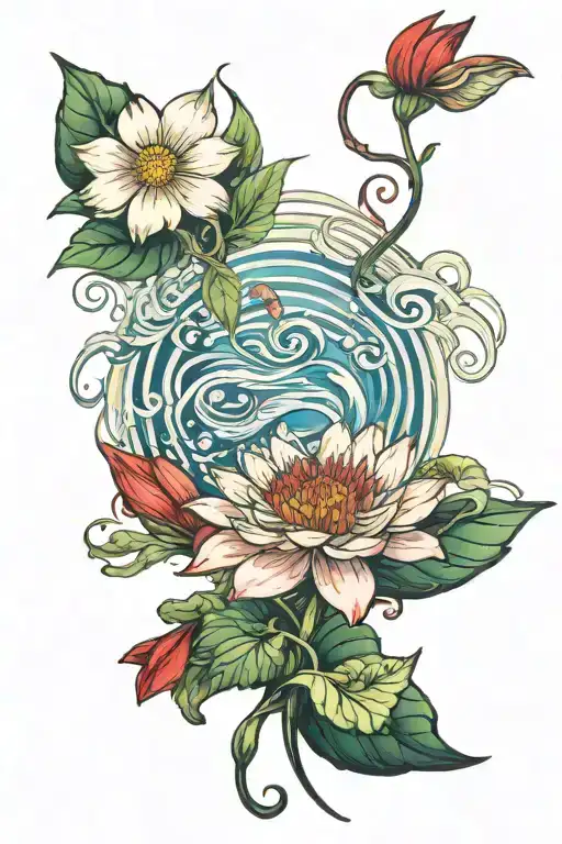 An nature  scene forming ripples in water and əH hidden in the clouds red daisy, water Lillie, violets in forest scenes  tattoo design idea
