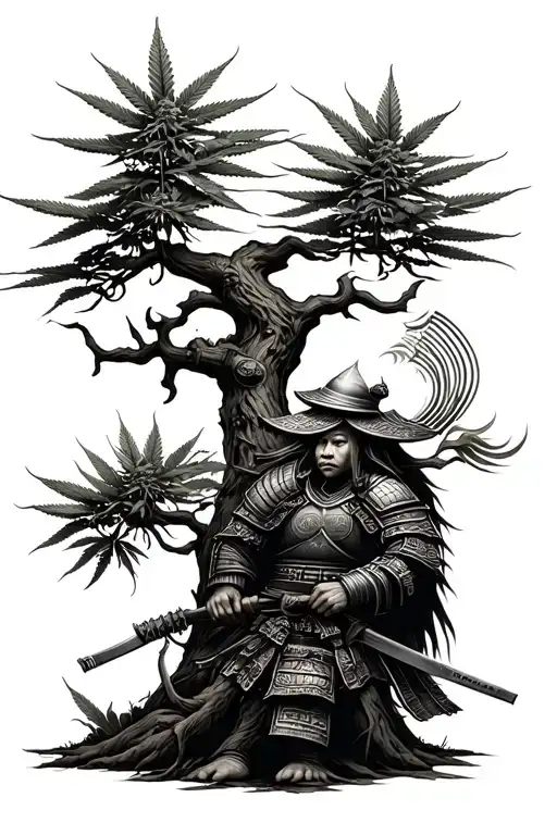 dolar and marihuana tree with samurai tattoo design idea