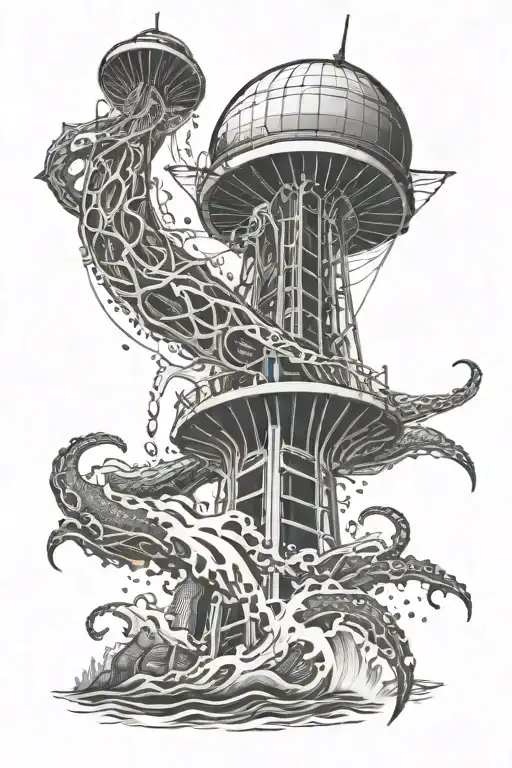 kraken reaching out and grabs the Stanley cup surrounded by water and the space needle in the back tattoo design idea