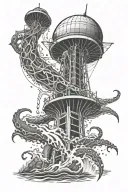 kraken reaching out and grabs the Stanley cup surrounded by water and the space needle in the back tattoo design idea