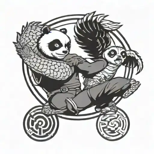 tattoo consisting a eagle and kung-fu panda po both doing martial arts and a yin-yang circle , use kung-fu panda movie  tattoo design idea