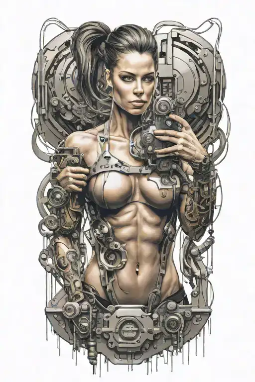 bodybuilder muscular women with technology circuits merging tattoo design idea