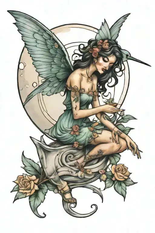 Fairy sitting on moon with hummingbird hovering tattoo design idea