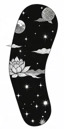 central lotus flower, celestial elements like stars and planets, sacred geometry, and serene landscapes such as mountain tattoo design idea