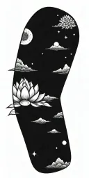 central lotus flower, celestial elements like stars and planets, sacred geometry, and serene landscapes such as mountain tattoo design idea