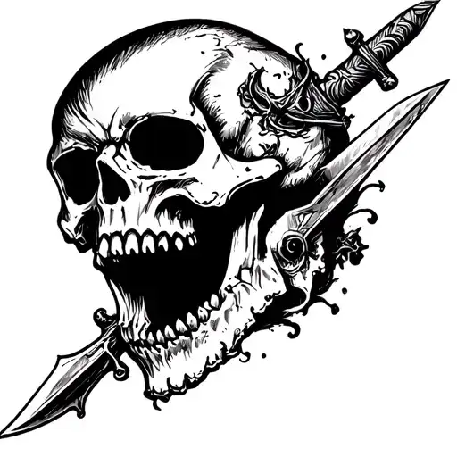 skull with open mouth and a dagger piercing through the head and mouth  tattoo design idea