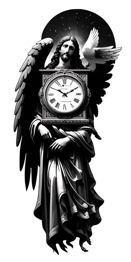 Jesus heaven clouds baby angel dove clock tattoo design idea