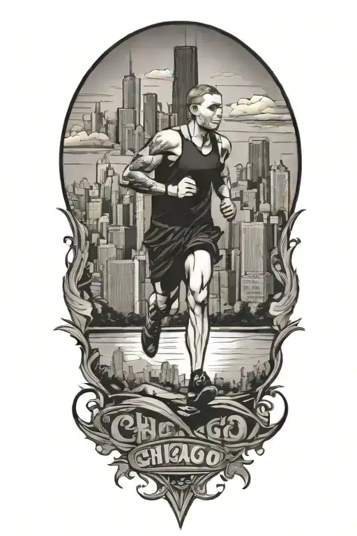 Marathon Runner with Chicago in background tattoo design idea
