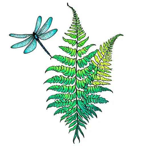 color fern boquet with dragonfly landing tattoo design idea