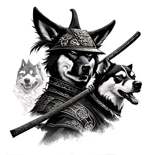 I want a Japanese samurai tattoo, include jinwoo from solo leveinling, gojo and toji from jjk and some fo dogs tattoo design idea