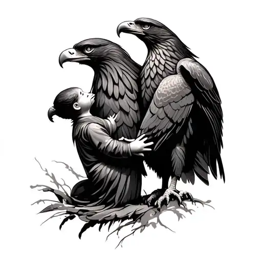 golden eagle and child holding tattoo design idea