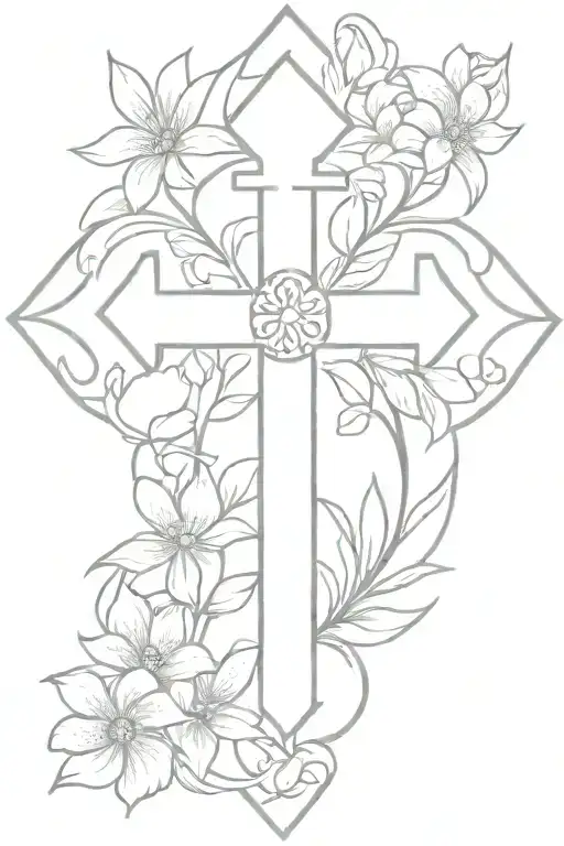 orthodox cross in between poeny flowers growing tattoo design idea