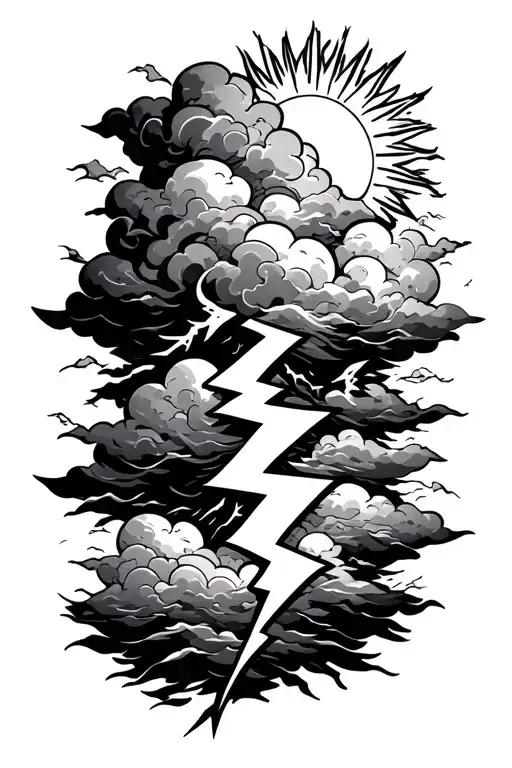 storm cloud lightning bolt and sun shining tattoo design idea