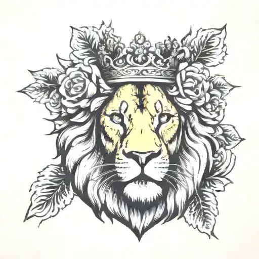 lion head wearing jesus crown surrounded by bold flowers tattoo design idea