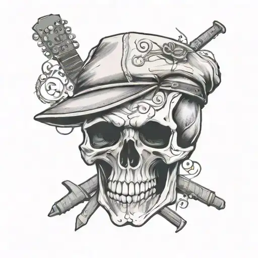 flat cap, skull, guitat tattoo design idea