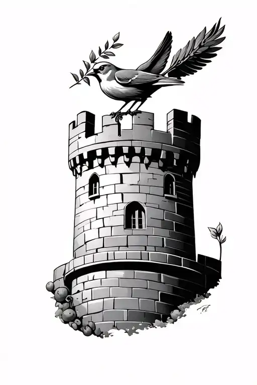 lark holding an olive branch sitting on castle tower tattoo design idea
