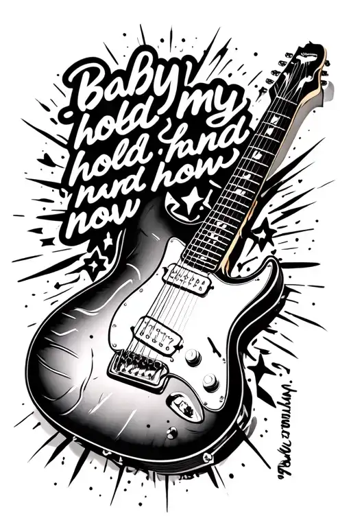 electric guitar surrounded by the quote “baby hold my hand now” -Han Jisung with stars and sparkles  tattoo design idea