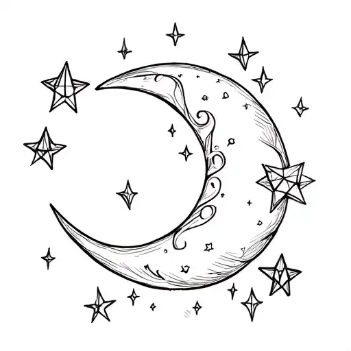 waxing crescent moon surrounded by diamond stars  tattoo design idea