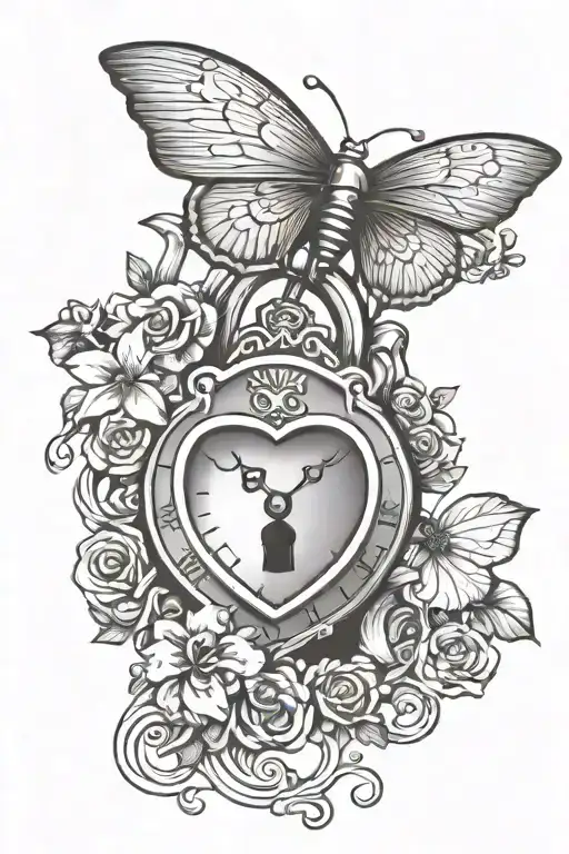 heart shaped lock time clock with butter fly tattoo design idea