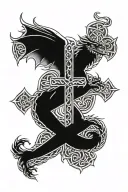 Welsh Dragon holding celtic cross, smoke in background tattoo design idea