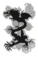 Welsh Dragon holding celtic cross, smoke in background tattoo design idea