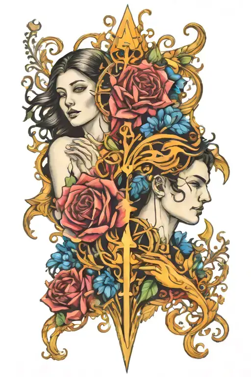 twin flames bright colors with the lovers tarot card tattoo design idea