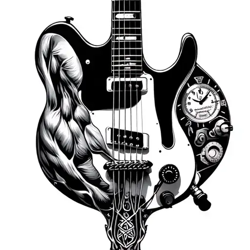 Guitar, muscle, anatomy, brassens, watchmaking tattoo design idea