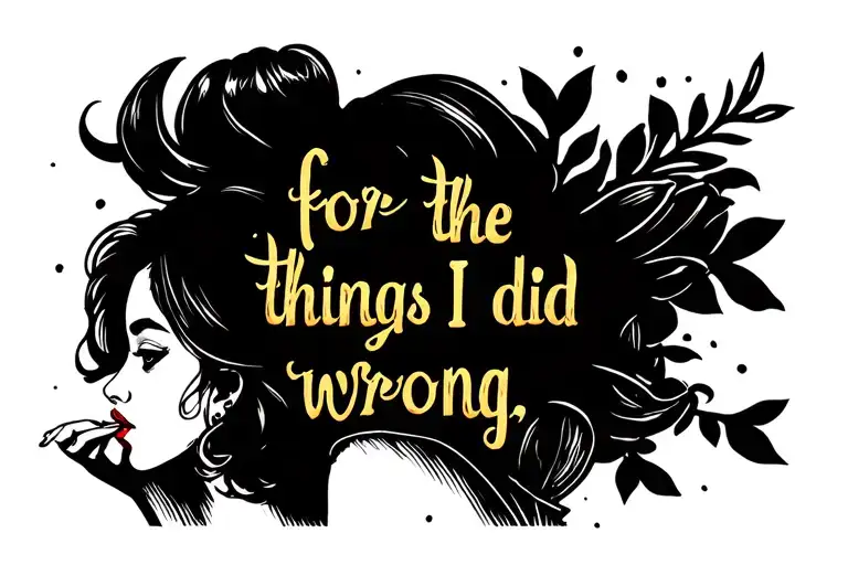 Bold text "for the things I did wrong" with the image of a girl with her hand on her mouth tattoo design idea