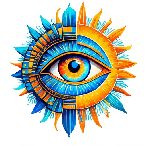 eye of ra with egyptian sun with blue and orange color tattoo design idea