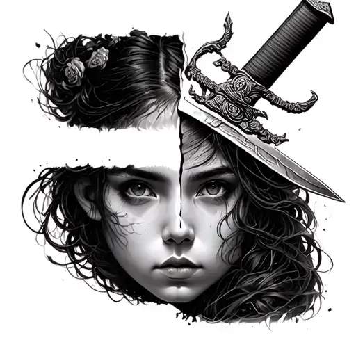 girl face split in half with samurai sword tattoo design idea
