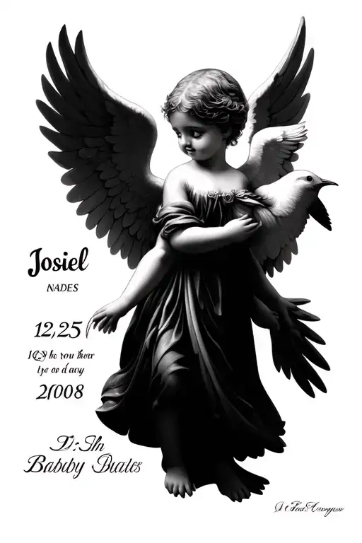 baby angel the name josiel two doves and the date 12/25/2008 in Roman numbers tattoo design idea