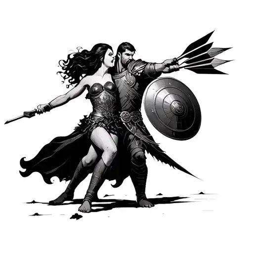 male warrior shielding a woman from incoming arrows with shield tattoo design idea