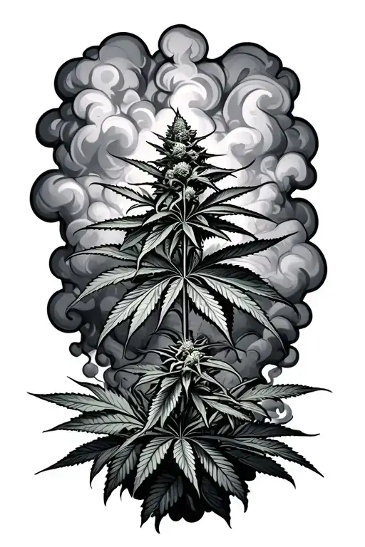 marijuana plant growing in the cloud of smoke monster tattoo design idea