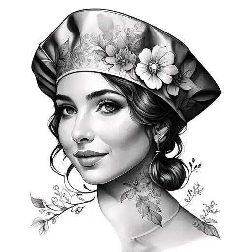 An intricate black and grey tattoo of a nurse's cap adorned with delicate floral patterns, representing the client's dedication to their profession and love for flowers tattoo design idea