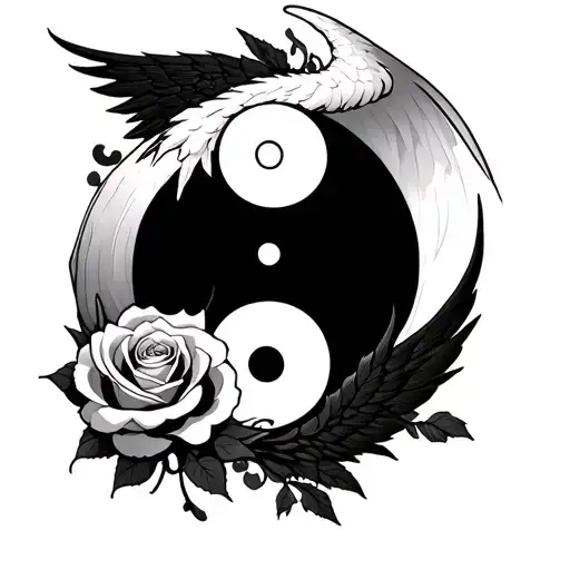 a yin yang symbol with angle wing and a demon wing with a rose in the background tattoo design idea