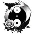 a yin yang symbol with angle wing and a demon wing with a rose in the background tattoo design idea