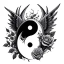 a yin yang symbol with angle wing and a demon wing with a rose in the background tattoo design idea