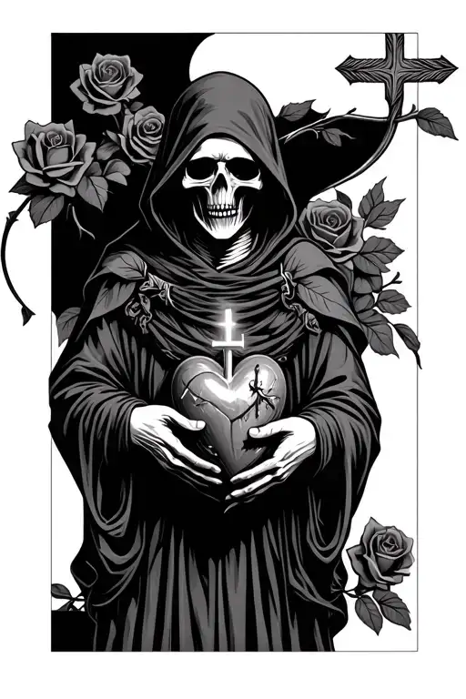 grim reaper holding a Sacred Heart with Creed above it background with roses  tattoo design idea