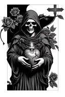 grim reaper holding a Sacred Heart with Creed above it background with roses  tattoo design idea