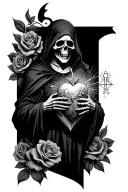 grim reaper holding a Sacred Heart with Creed above it background with roses  tattoo design idea