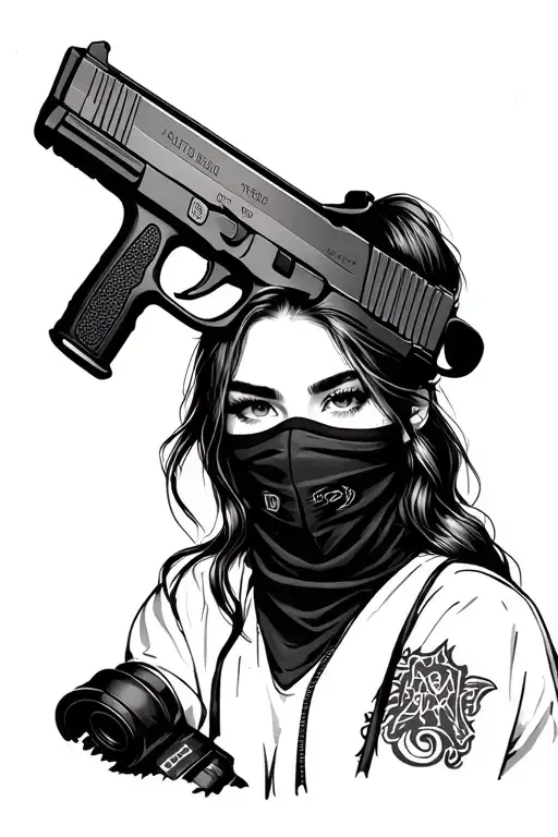 girl ski mask with Glock 9mm gun tattoo design idea