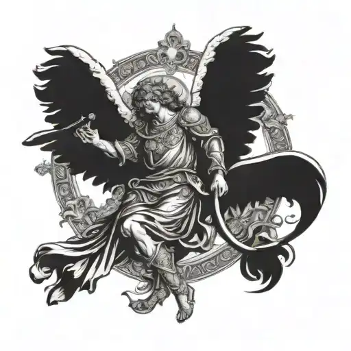 An intricate Renaissance-inspired tattoo featuring an angel in a medieval setting tattoo design idea