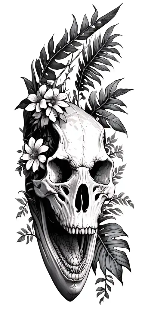 dinosaur skulls. animal skulks and monstera plants with flowers and vines tattoo design idea