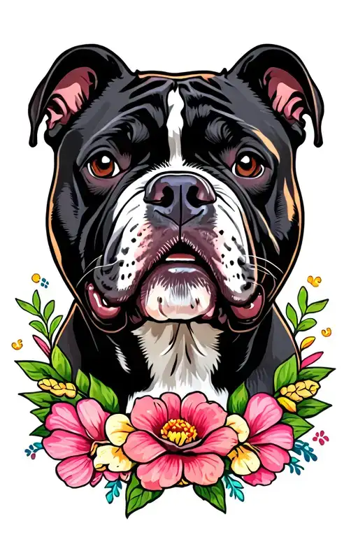 paw prints, flowers American bully dog tattoo design idea