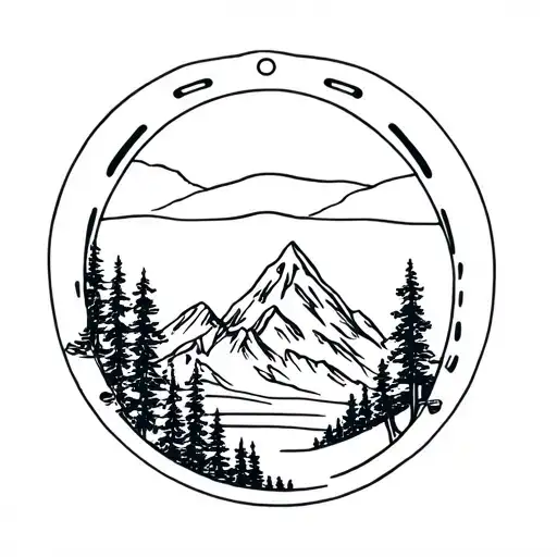 mountain range and sunset with trees in a horse shoe tattoo design idea
