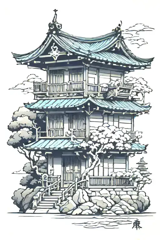 Japanese building house in front tattoo design idea