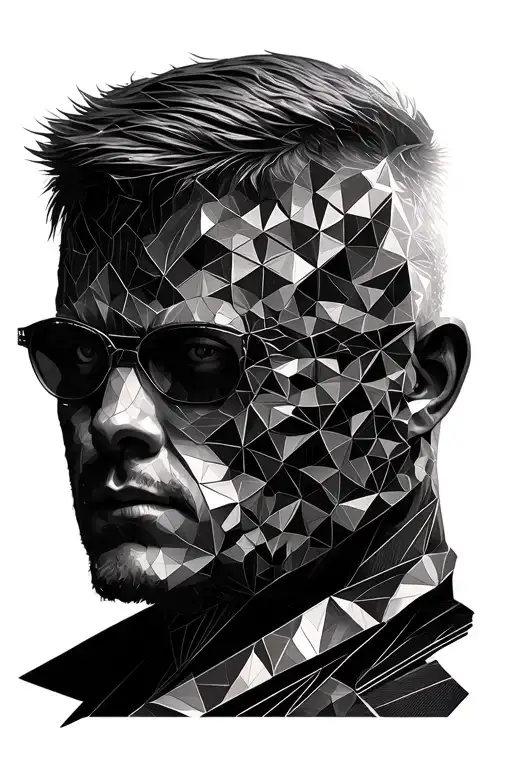 Albert Wesker's face, composed of intricate triangles and hexagons, mandala patterns tattoo design idea
